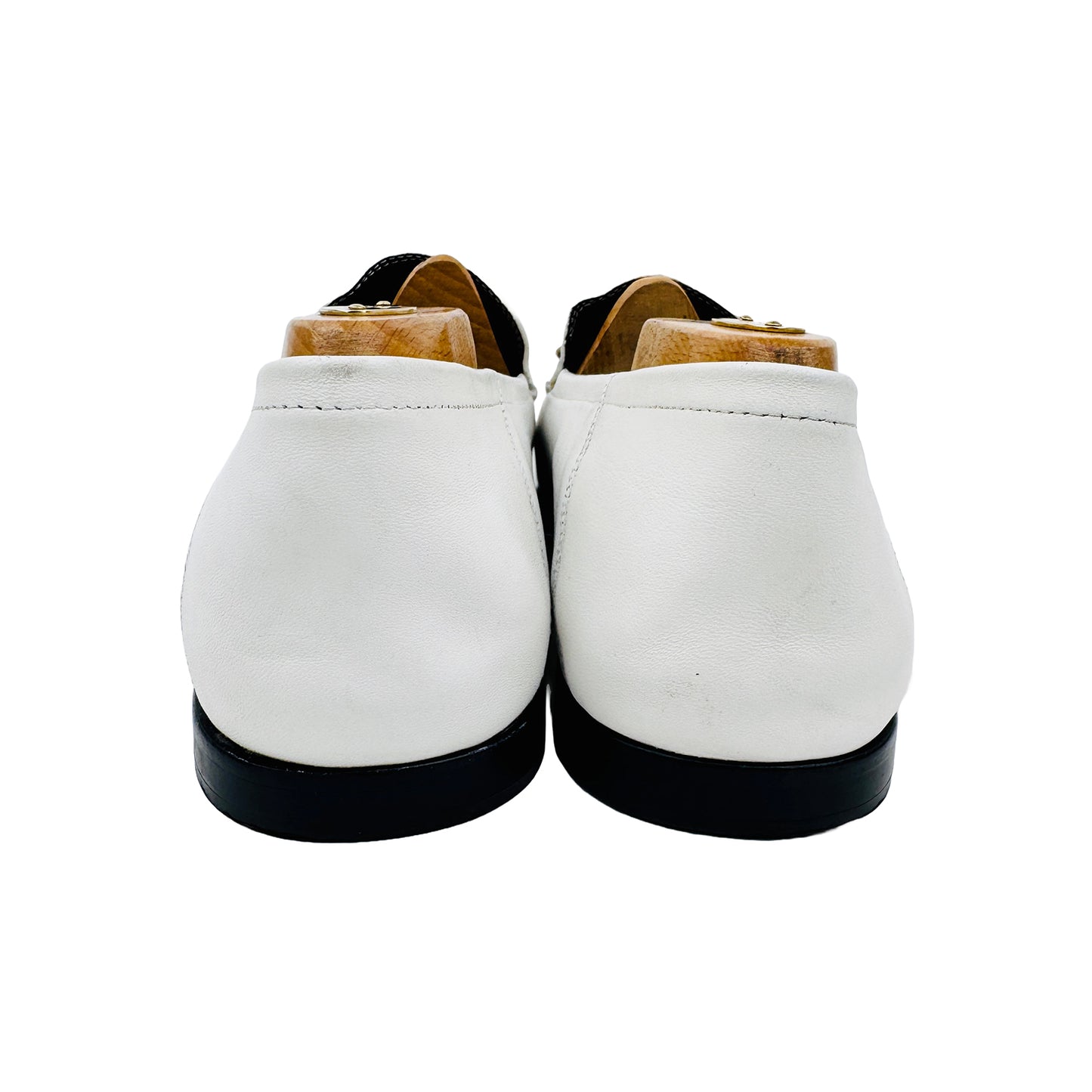Back Side image of Gucci Men's White Horsebit Leather Loafers (Size 44)