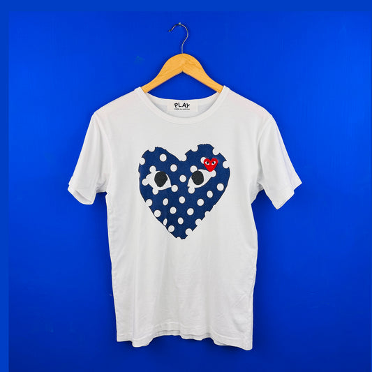 CDG Play Women's Polka Dot Bold Heart White T-Shirt (Medium Size)