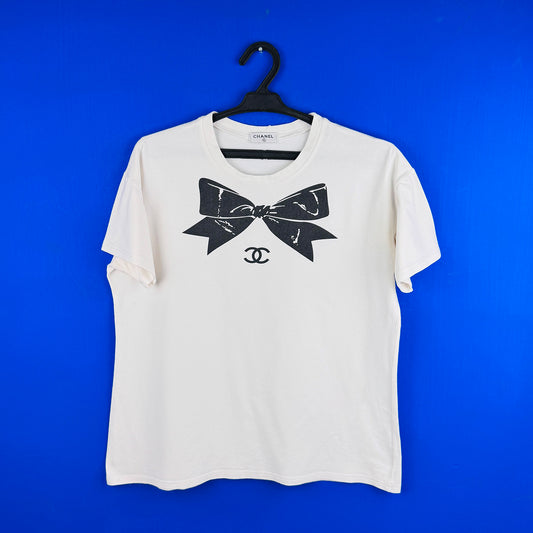 Chanel Black CC Ribbon Print White T-Shirt (Size Men:Medium/Women:Large)