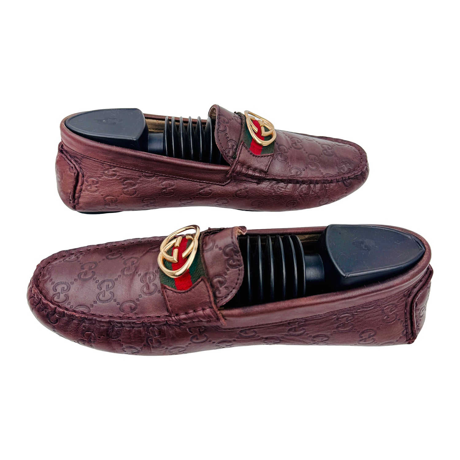 Cross Image of Gucci Men's GG Buckle Brown Leather Loafers (Size 42)