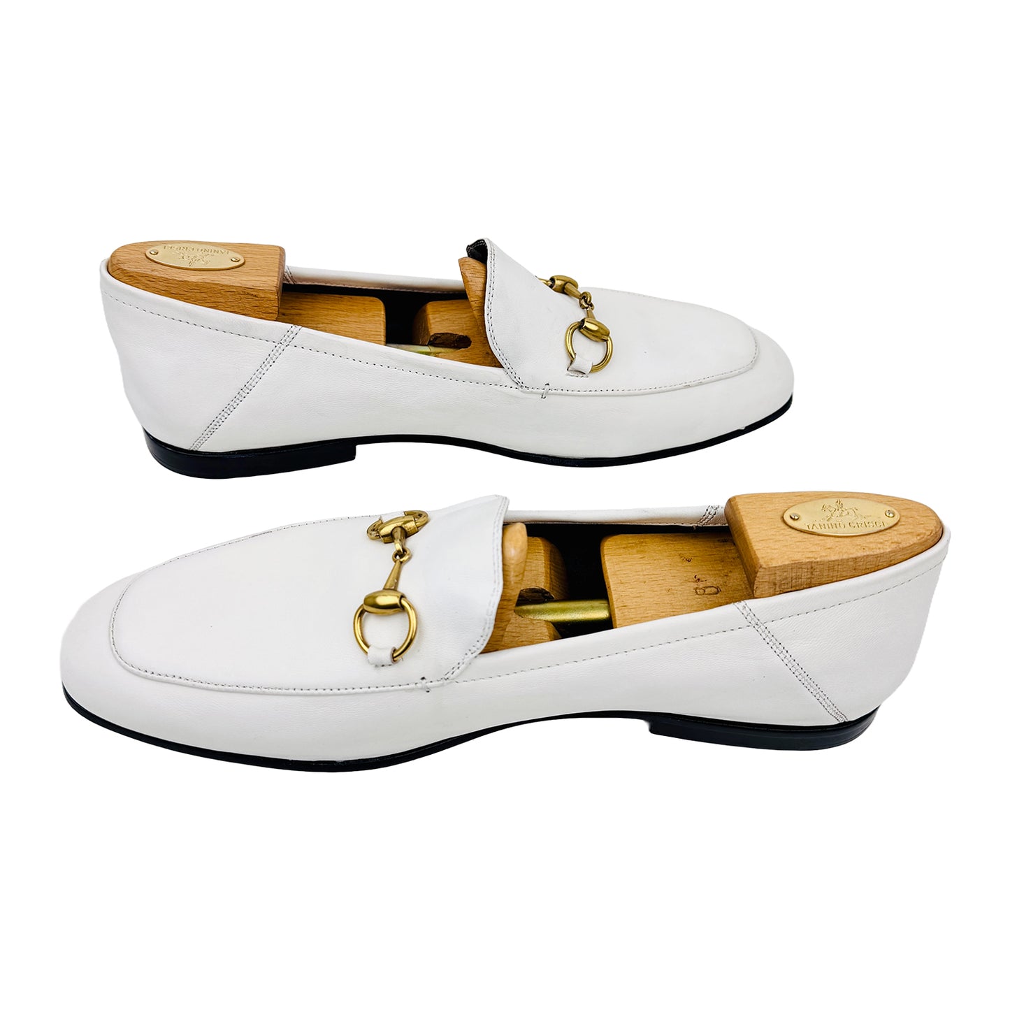 Cross image of Gucci Men's White Horsebit Leather Loafers (Size 44)