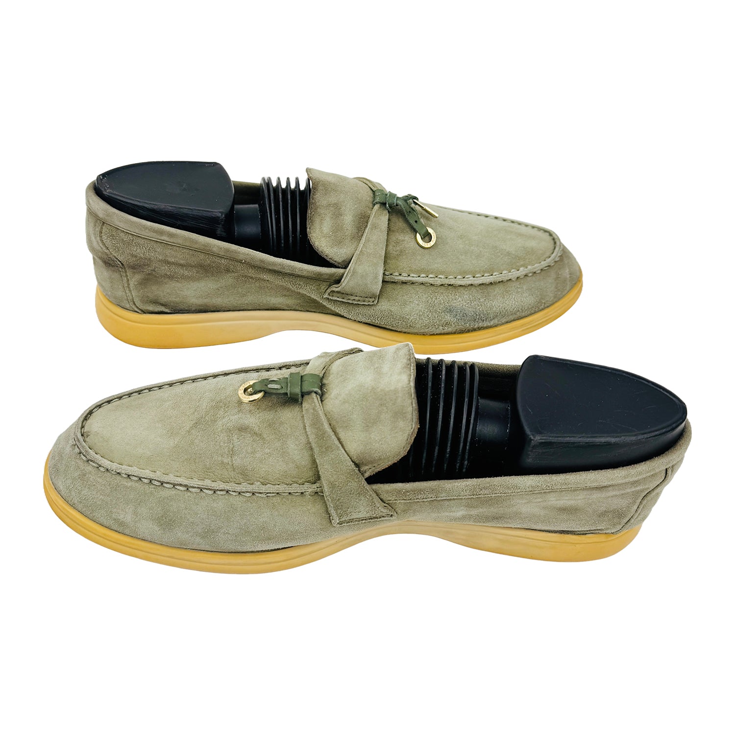 Cross image of Loro Piana Unisex Summer Charms Walk Olive Green Loafers (Size 39)