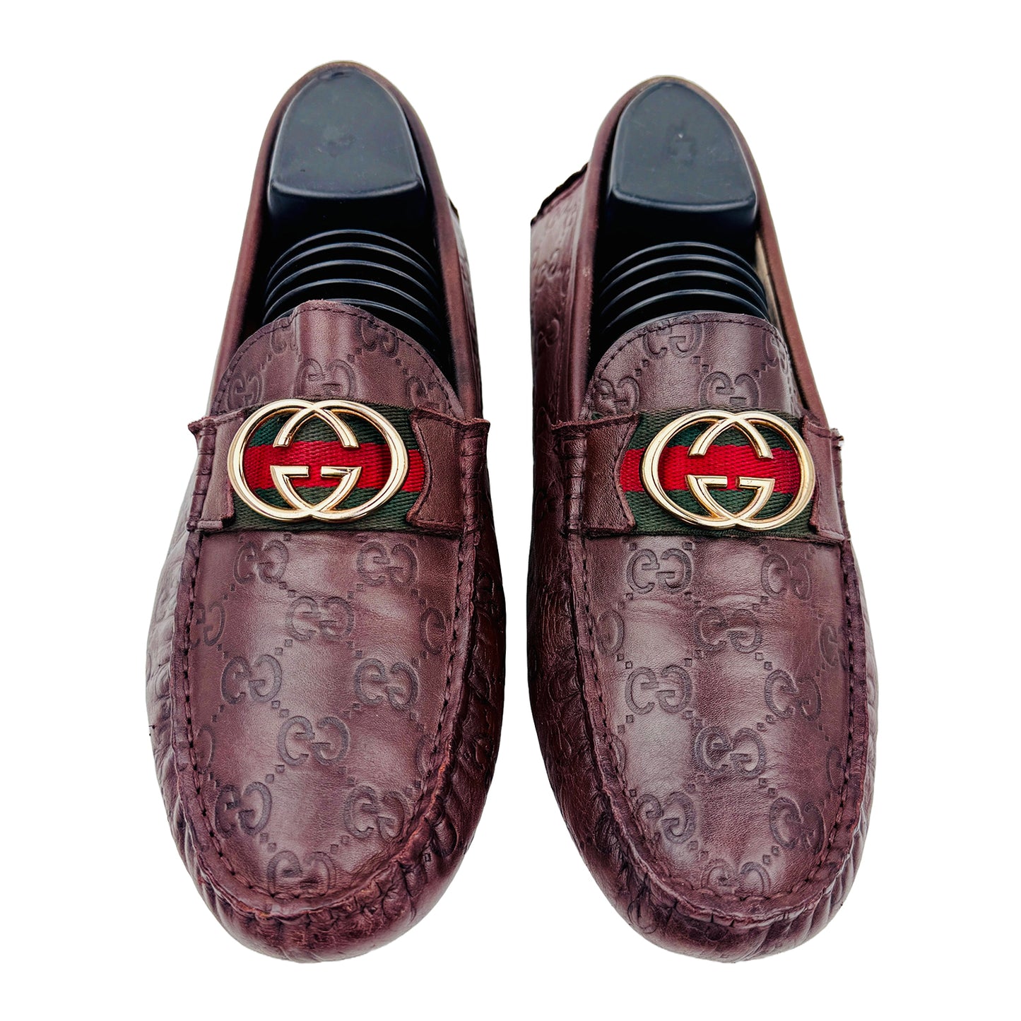 Front Image of Gucci Men's GG Buckle Brown Leather Loafers (Size 42)