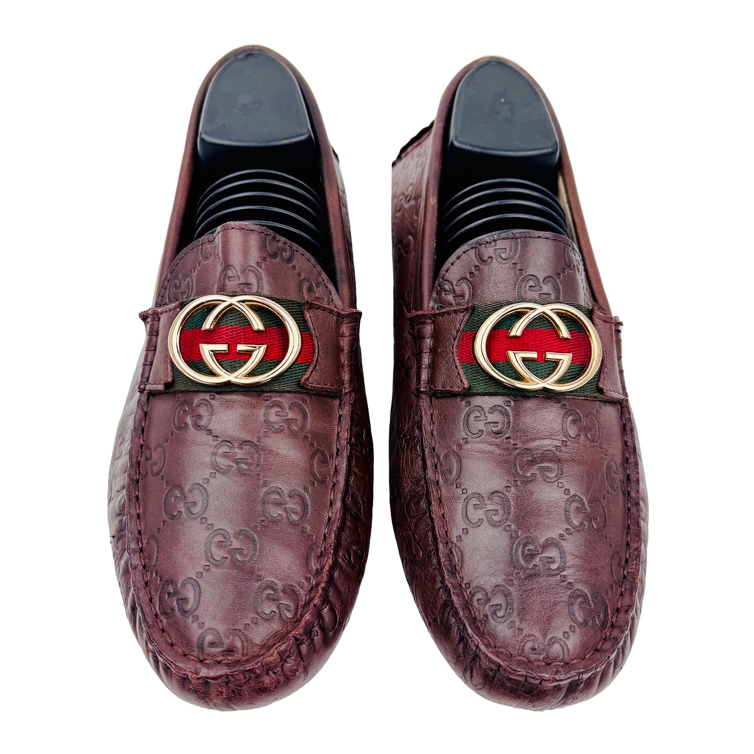 Front Image of Gucci Men's GG Buckle Brown Leather Loafers (Size 42)