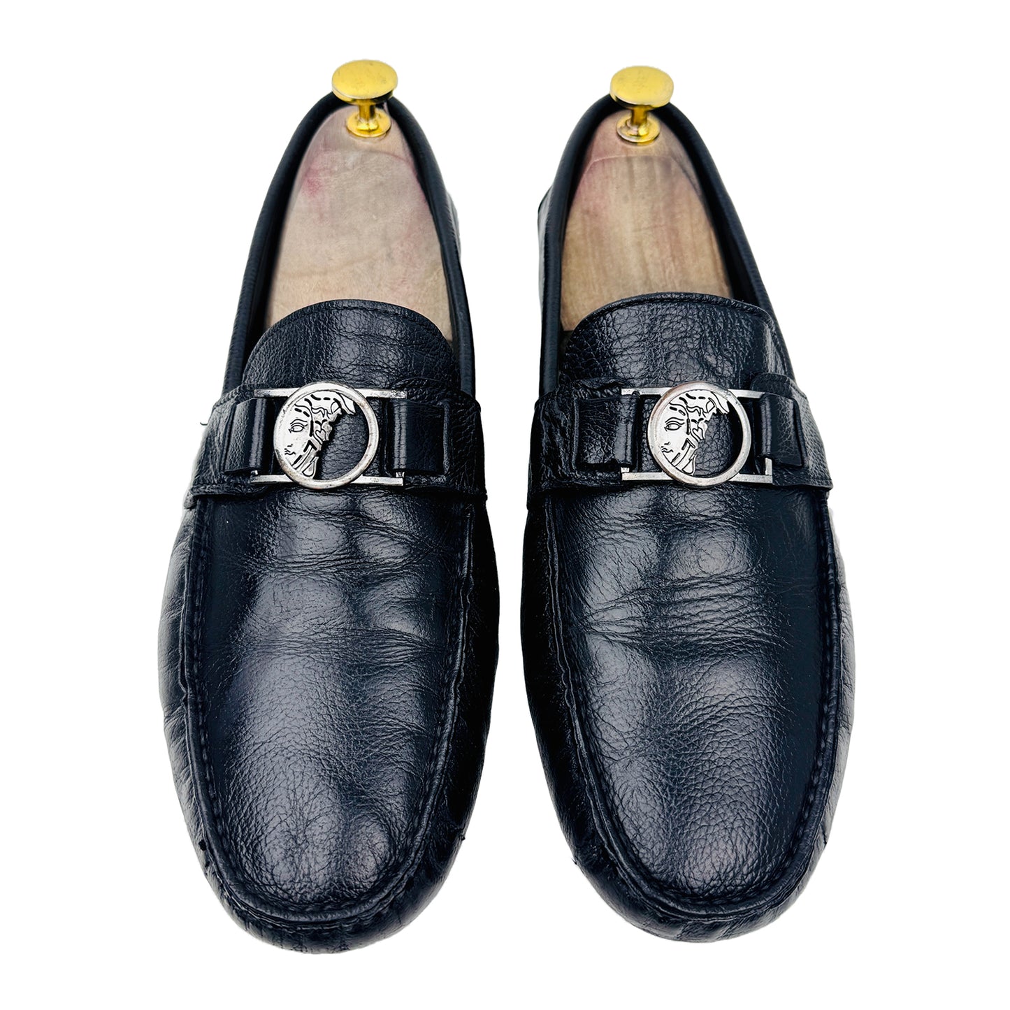 Front Image of Versace Medusa Embellished Black Loafers (Size 42.5/43)