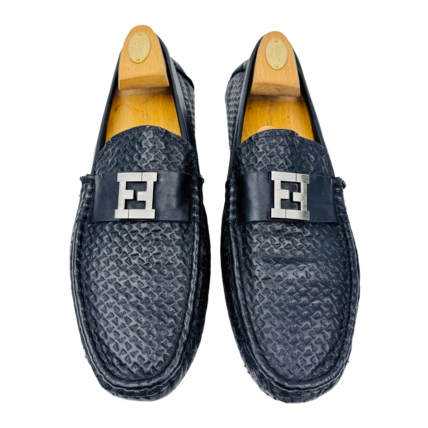 Front image of Fendi Men's Black Leather Loafer Shoes