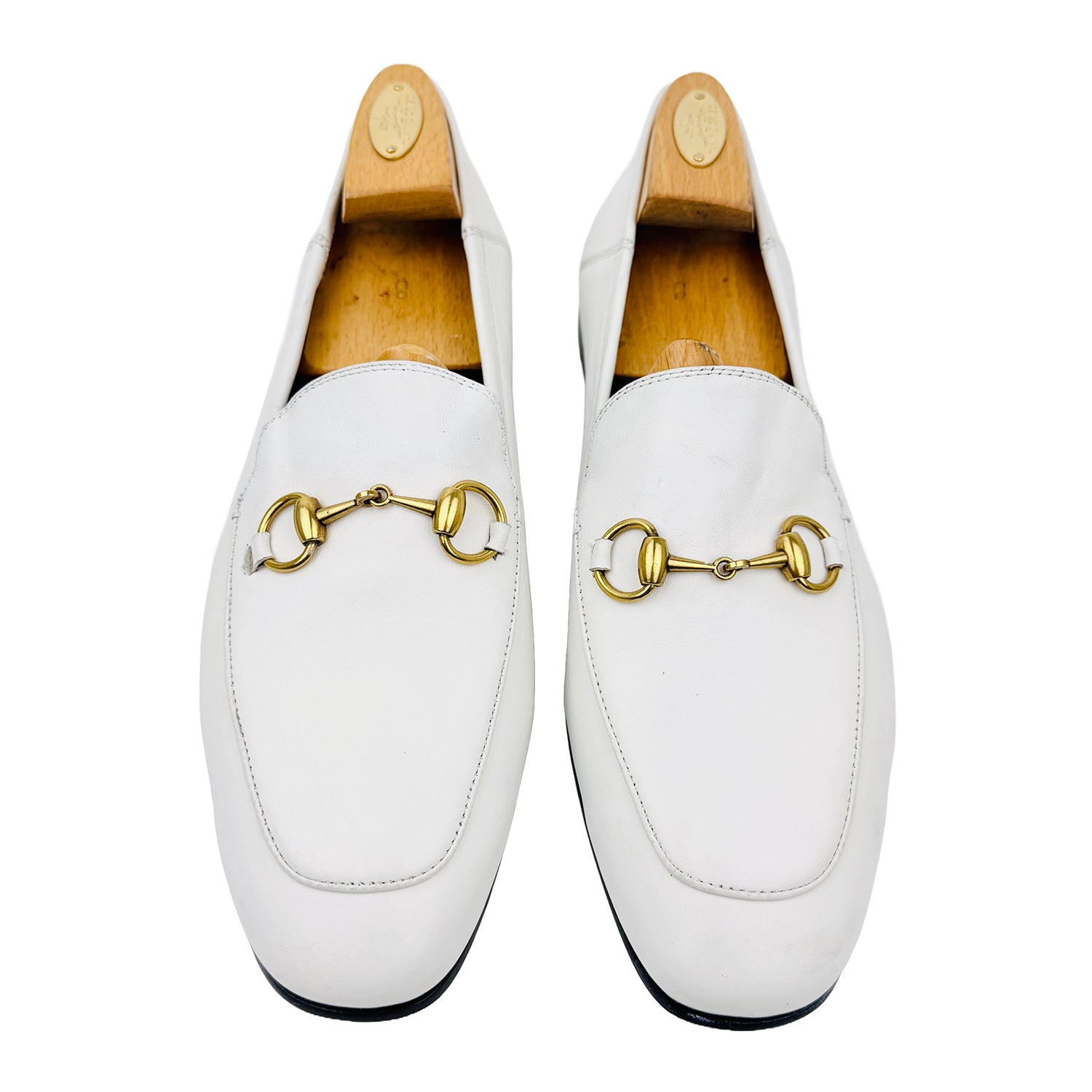 Front image of Gucci Men's White Horsebit Leather Loafers (Size 44)