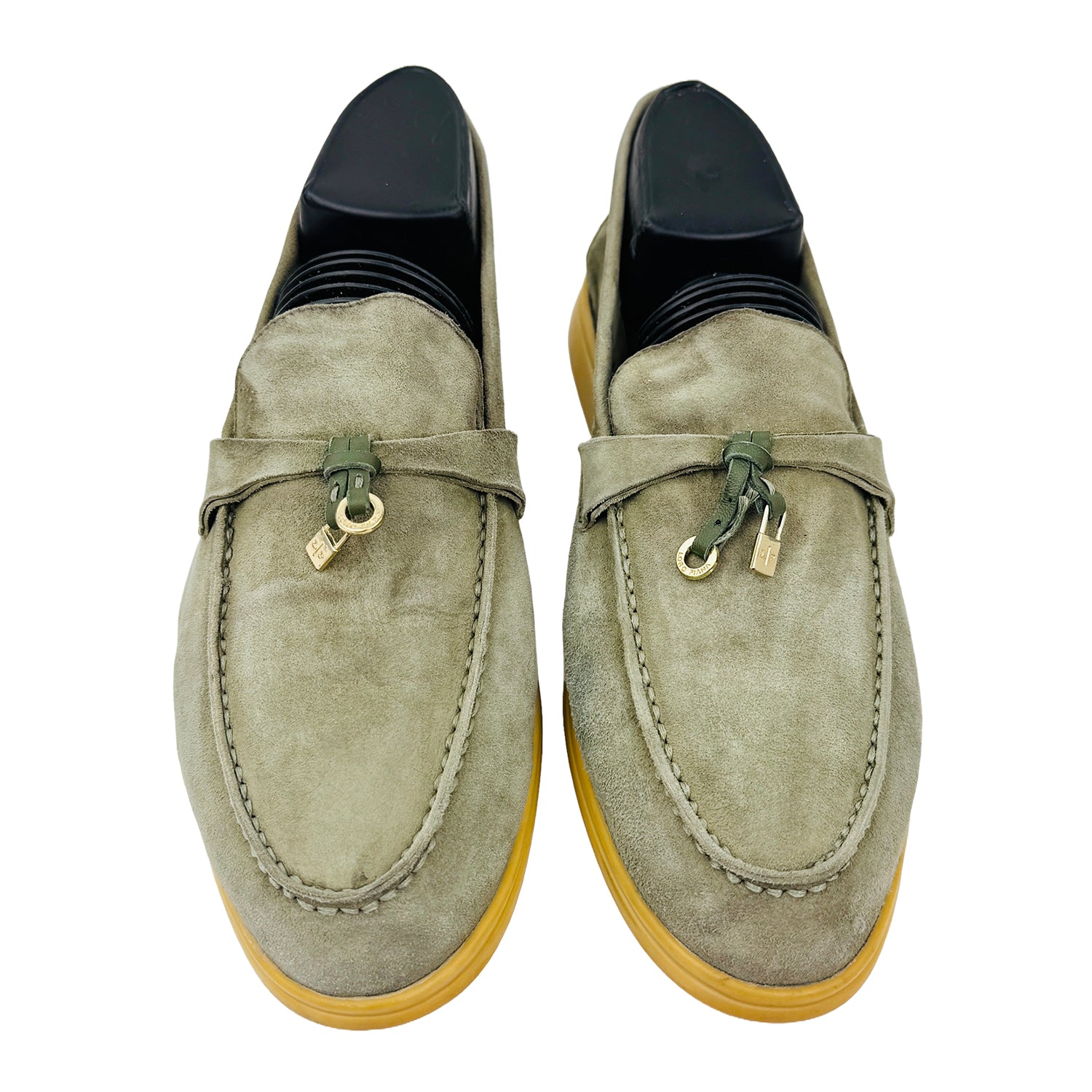 Front image of Loro Piana Unisex Summer Charms Walk Olive Green Loafers (Size 39)