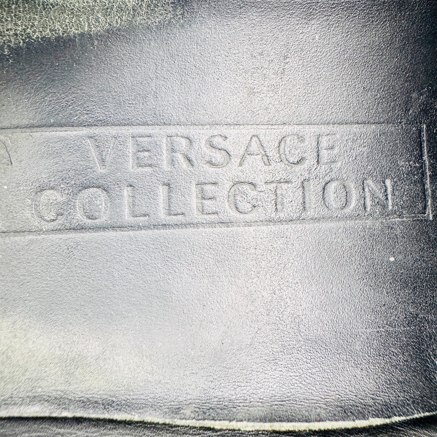 Inside sole embossing of Versace Medusa Embellished Black Loafers (Size 42.5/43)