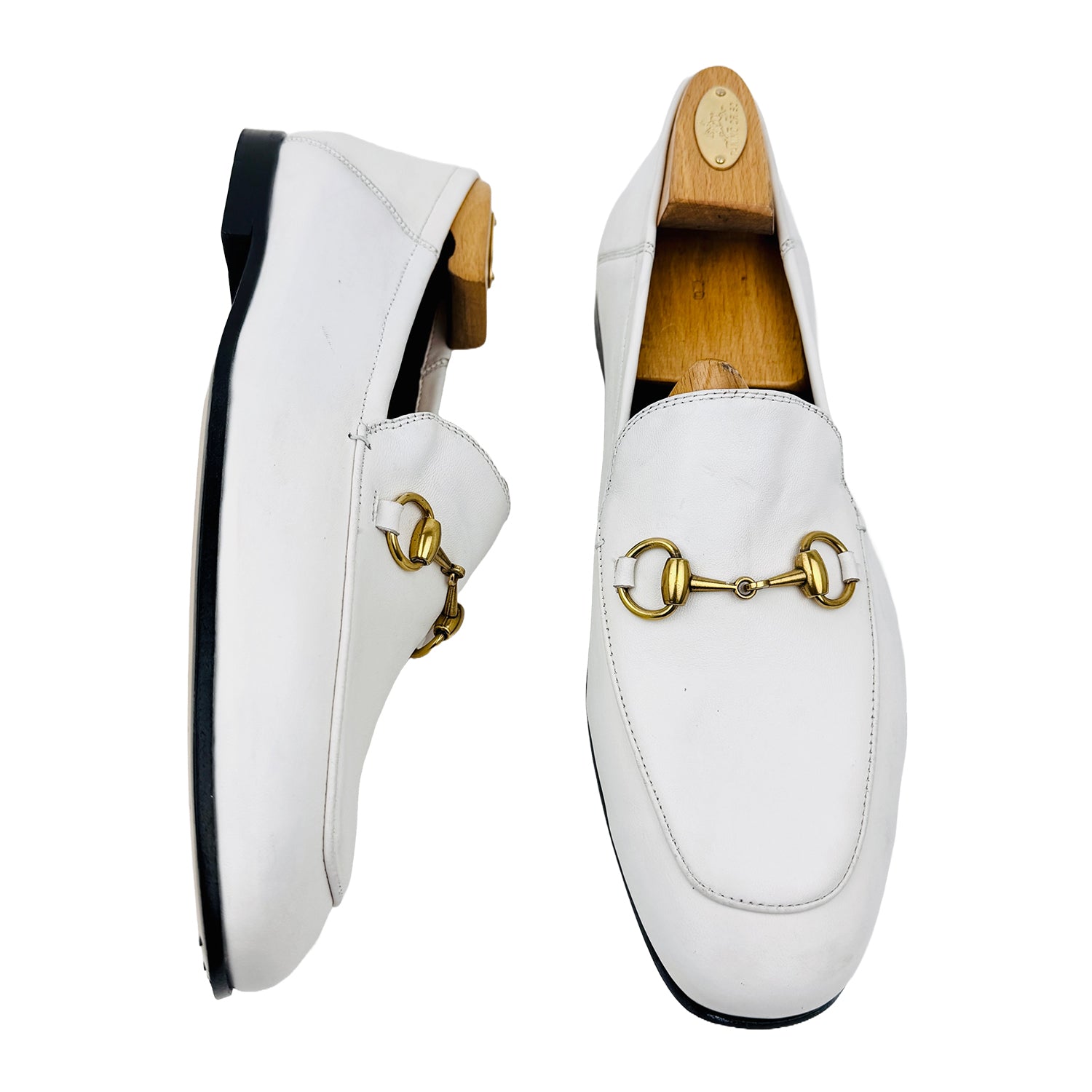 One Front One Cross image of Gucci Men's White Horsebit Leather Loafers (Size 44)