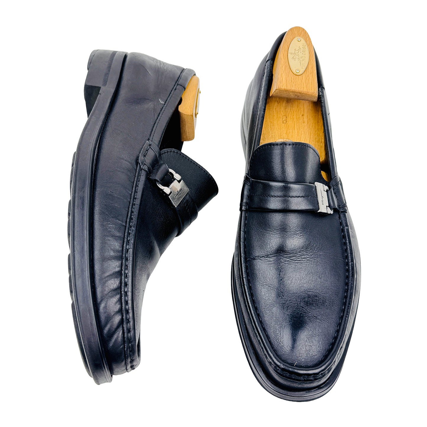 One Front One Cross image of Salvatore Ferragamo Men's Black Leather Loafers (Size 42.5/43)