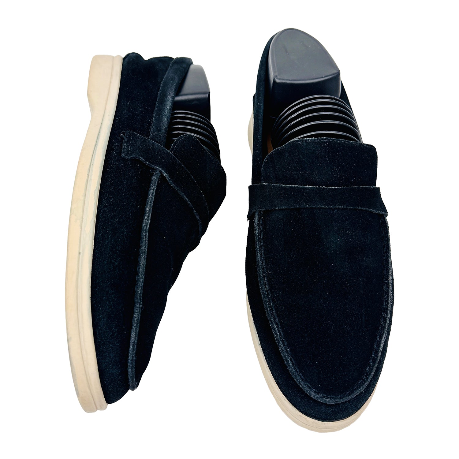 One shoe side and one shoe Front Image of Loro Piana Summer Walk Black Loafers (Size 38)