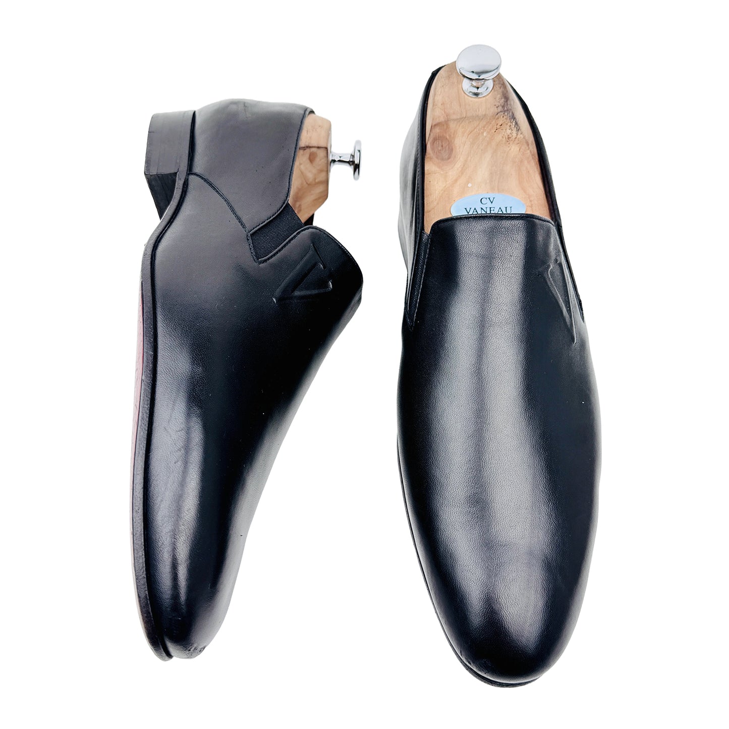 One shoe side and one shoe Front Image of Valentino Garavani Leather Black Loafers (Size 43/43.5) 16828