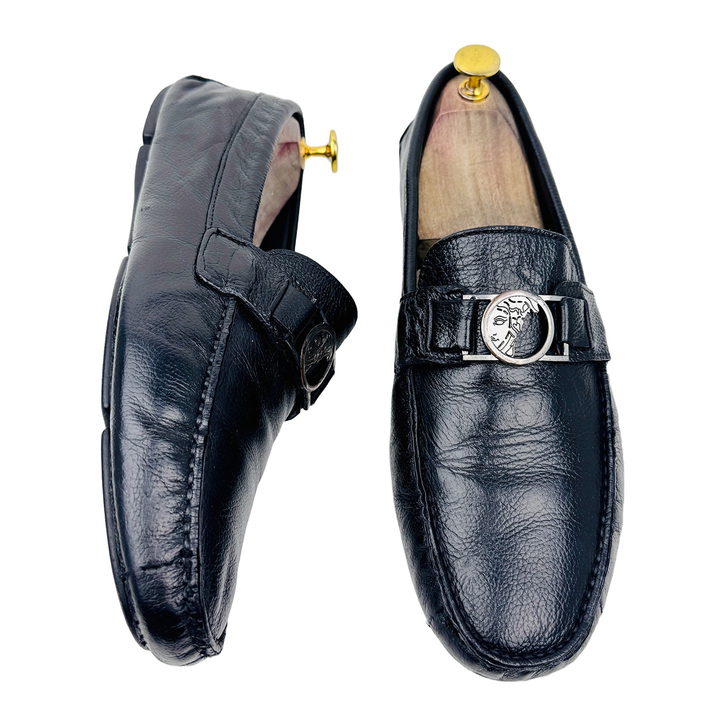 One shoe side and one shoe Front Image of Versace Medusa Embellished Black Loafers (Size 42.5/43)