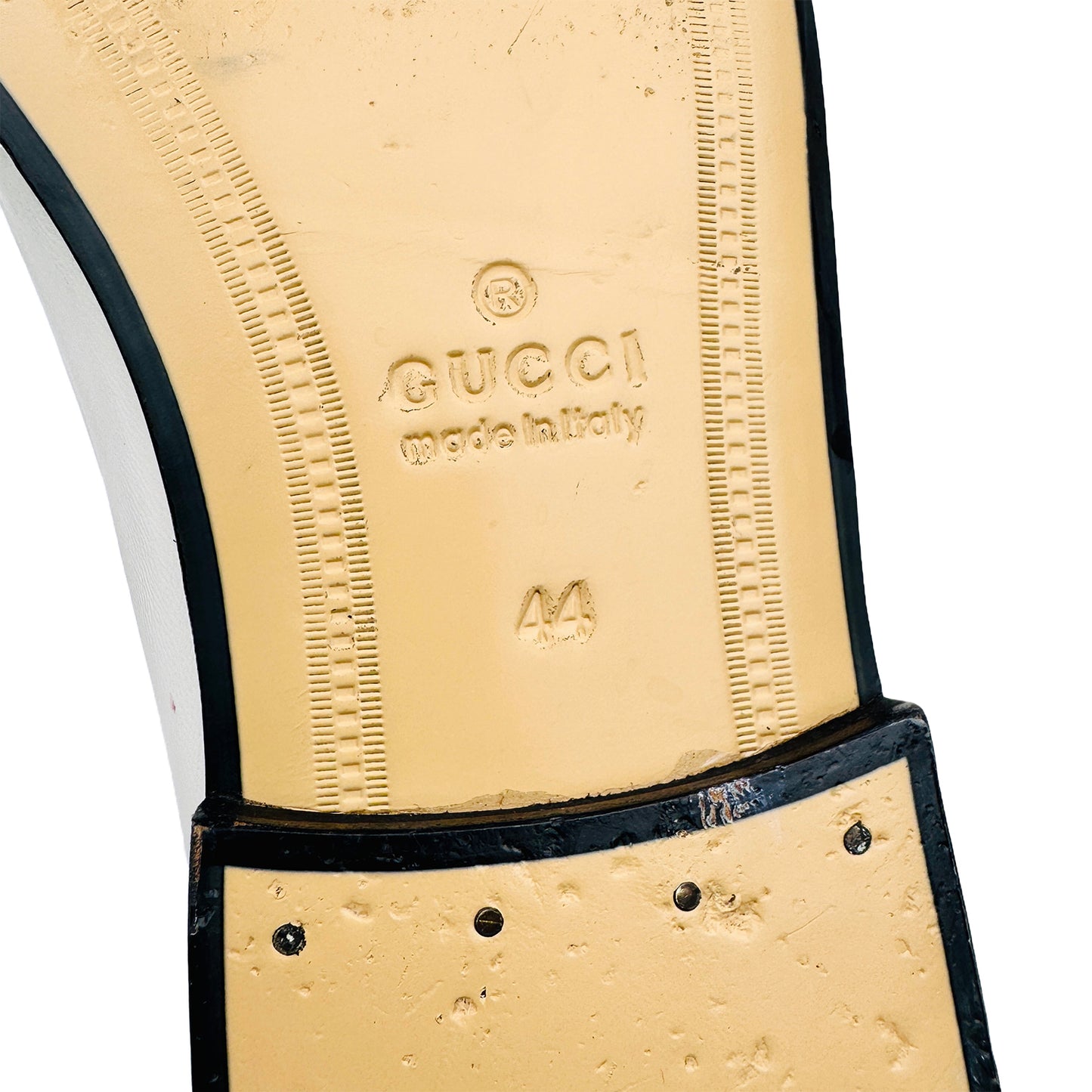Outsole Brand, made, size embossing image of Gucci Men's White Horsebit Leather Loafers (Size 44)