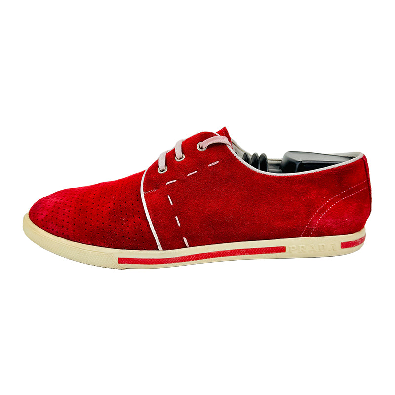 Prada Men's Suede Lace Up Red Sneaker Shoes (Size 41.5/42)