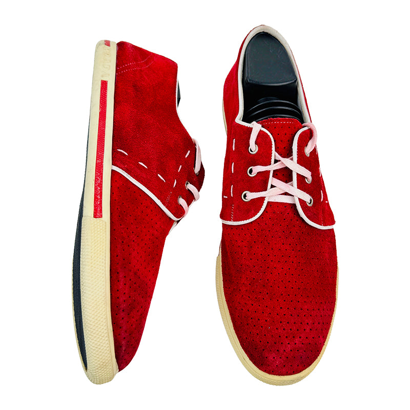 Prada Men's Suede Lace Up Red Sneaker Shoes (Size 41.5/42)