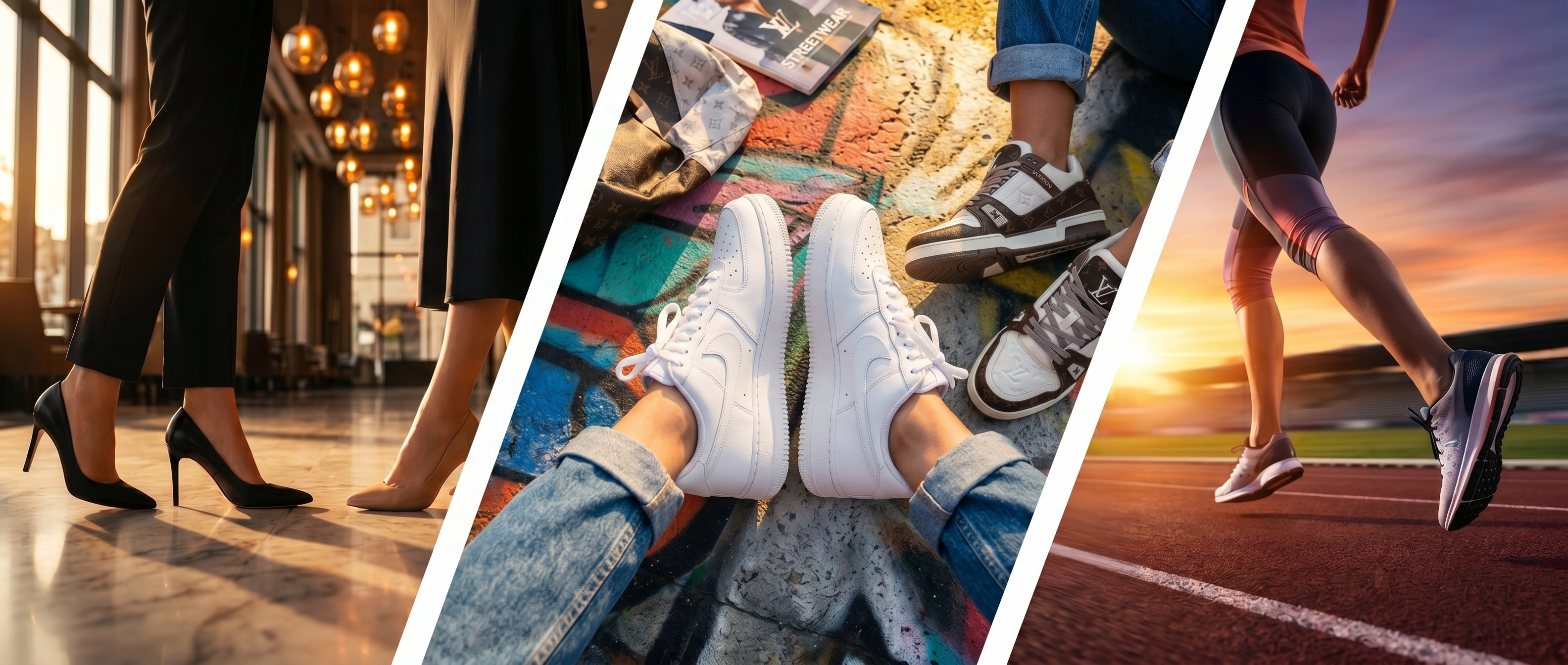 Shoes for women collection featuring formal shoes, casual sneakers and sporty running shoes for everyday style