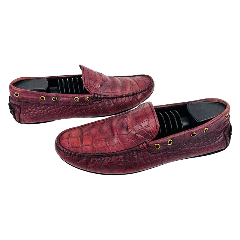 Tods Men's Crocodile Driving Burgundy Shoes (Size 44/44.5) Made in Italy