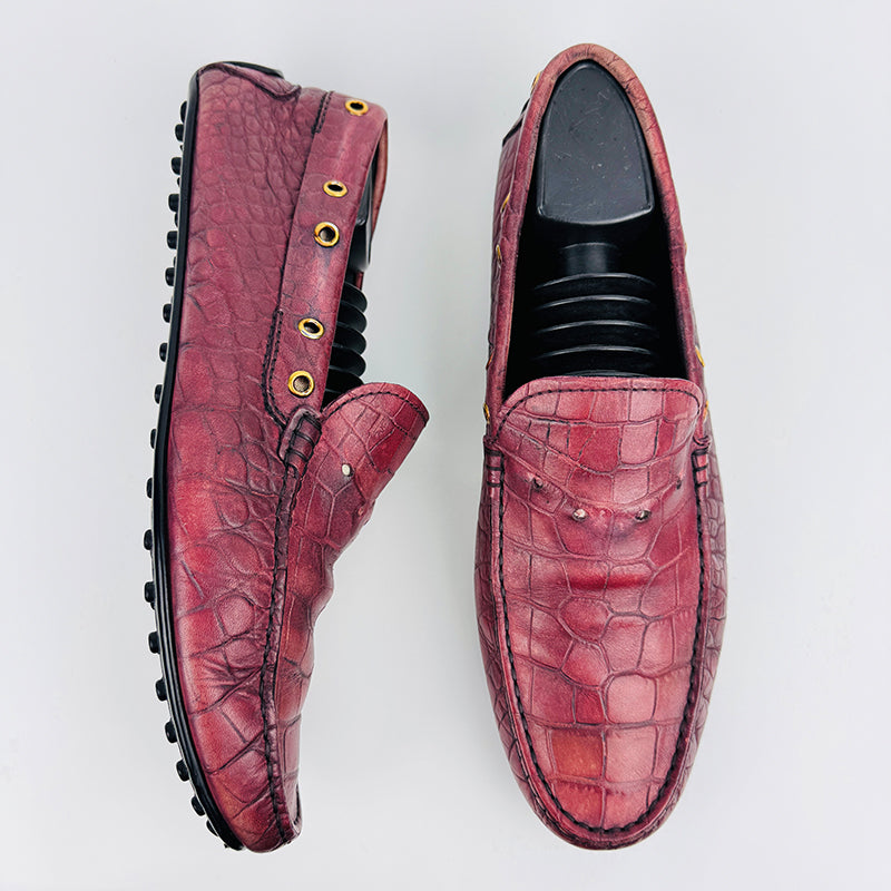 Tods Men's Crocodile Driving Burgundy Shoes (Size 44/44.5) Made in Italy