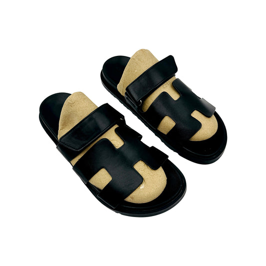 Hermès Chypre Black Leather Sandal Slides (Size 40)