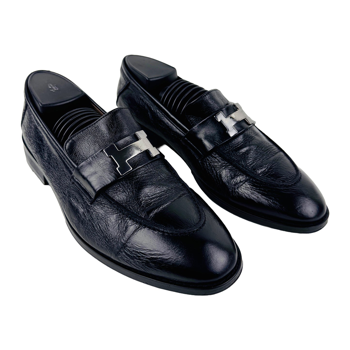 Hermes Men's Leather Black With H Logo Loafer Shoes (Size 40)