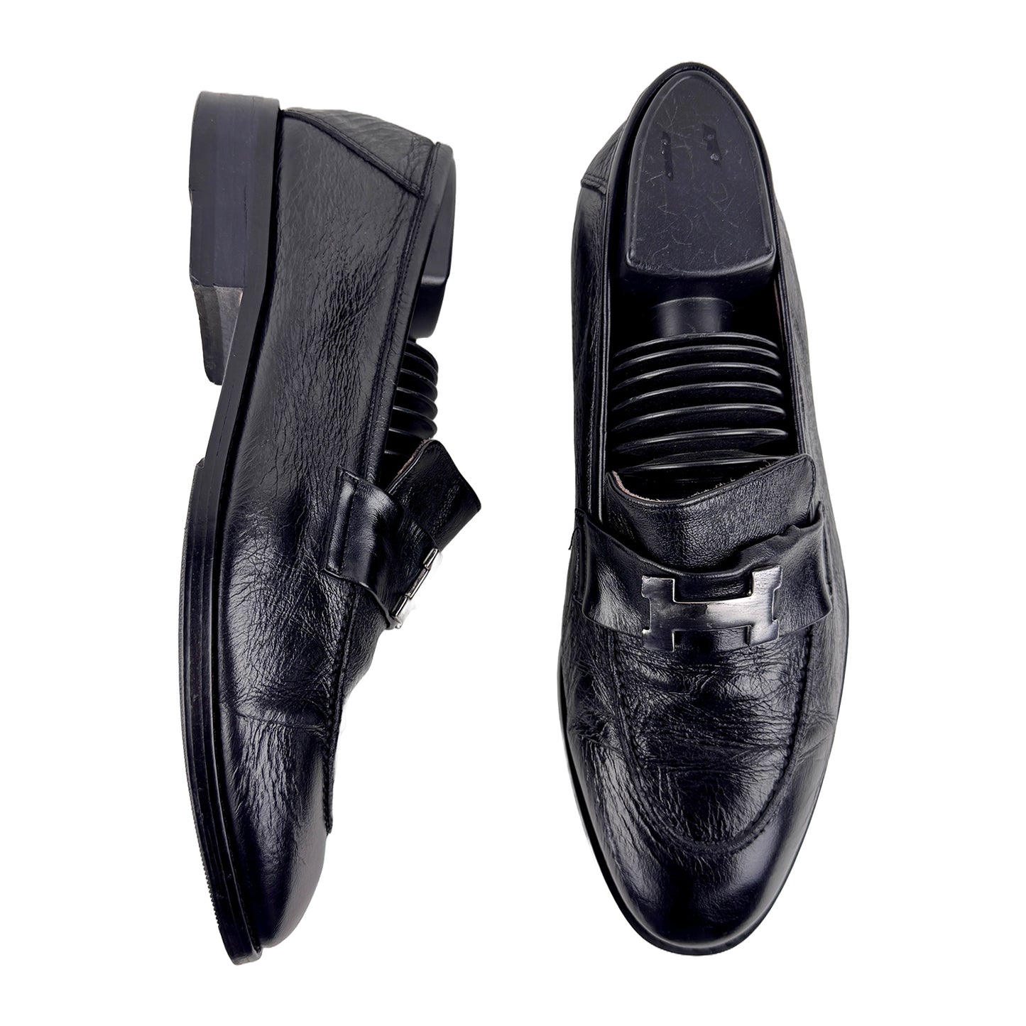 Hermes Men's Leather Black With H Logo Loafer Shoes (Size 40)