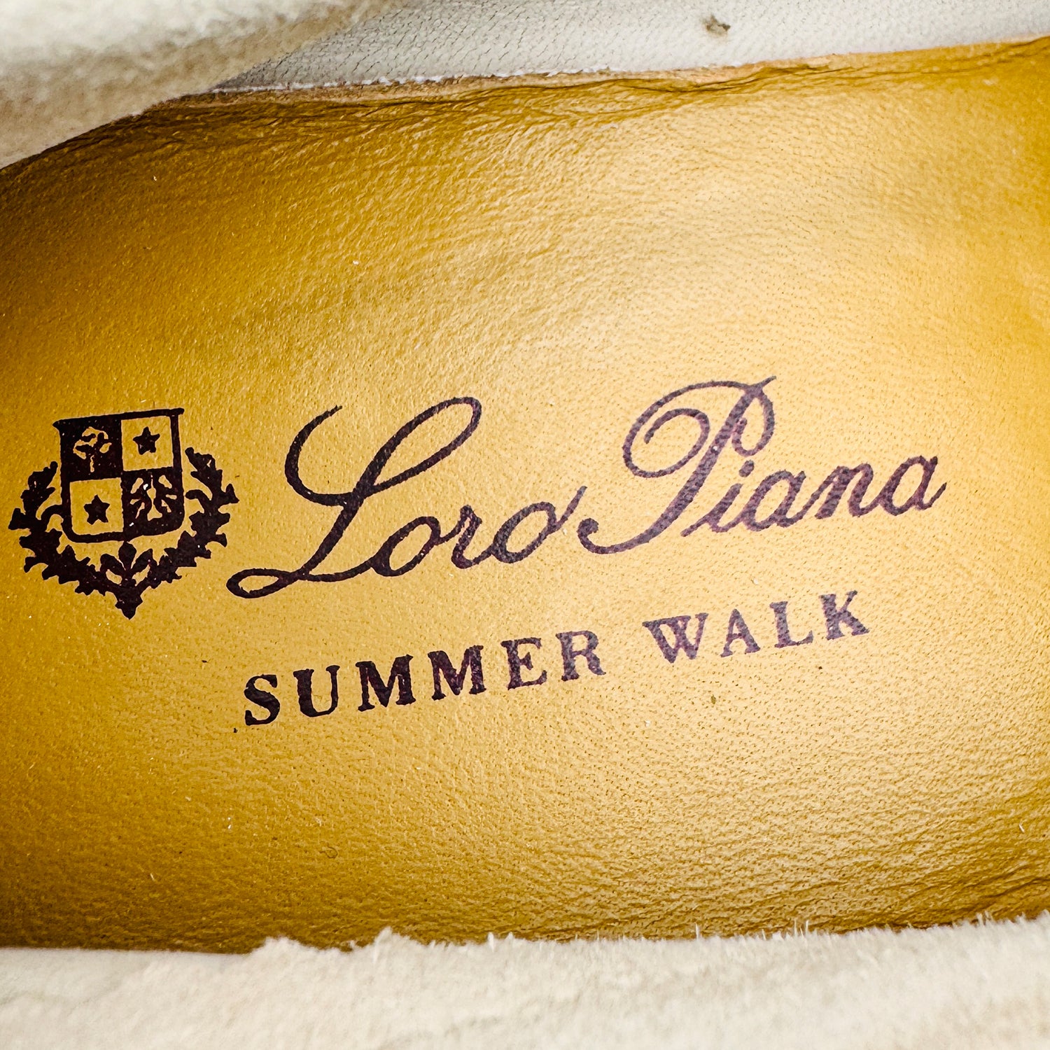 inside sole printing of Loro Piana Summer Charms Walk Light Gray Loafers (Size 42)
