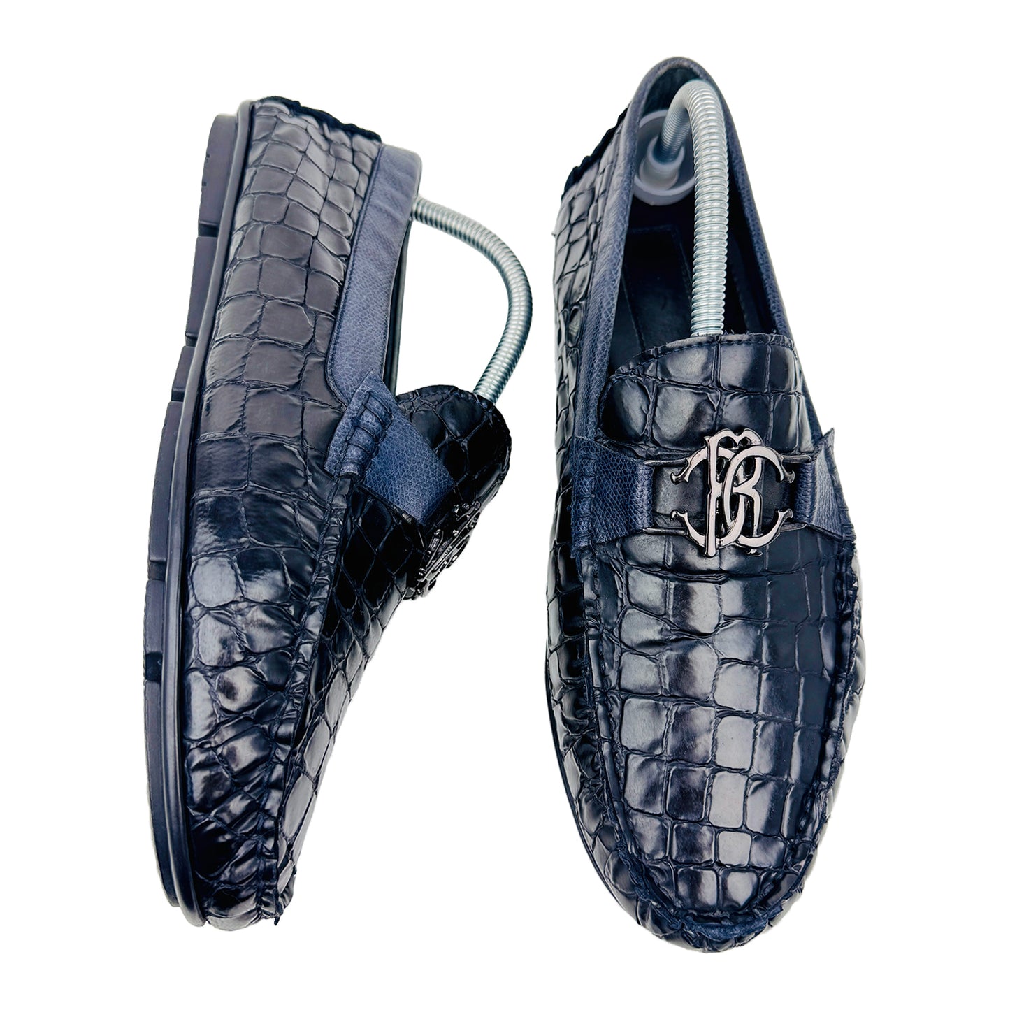 Roberto Cavalli Crocodile Effect Black Leather Loafers (Size 42)